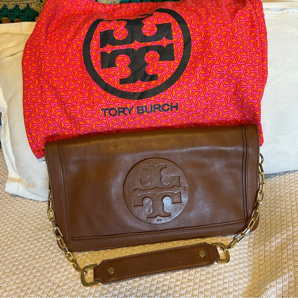 TORY BURCH Reva Brown Leather Shoulder/Hand/Clutch Bag with Gold Accents